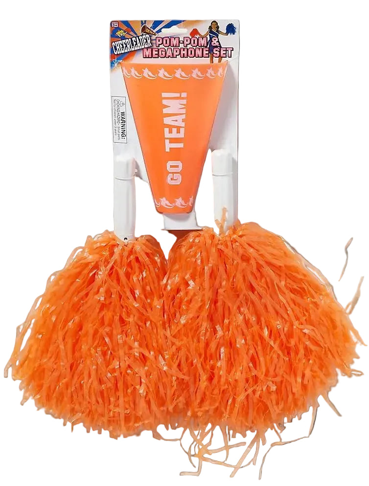 Orange Cheerleader Pom Poms and Megaphone Kit which features a matching set of two bright orange plastic cheerleader pom‑poms made with thin, crinkled streamers that create a full, fluffy texture; paired with a coordinating orange megaphone printed vertically with bold white “GO TEAM!” lettering, finished with a white handle and mouthpiece that contrast cleanly against the vivid orange body