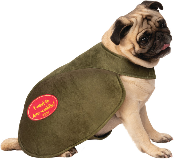 Other side of Pug wearing the Pets Appetizing Avocado Costume featuring a soft slip‑on style body piece designed to resemble a halved avocado, with a deep green outer “skin” section and a bright light‑green interior panel that frames a large printed avocado pit graphic at the center. The front panel includes a playful smiling face detail above the pit, while the back is styled in solid green velour‑like fabric. The costume is finished with a fun red patch on the side printed with “I want to Avo‑cuddle! #221