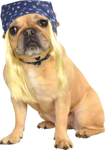 Pets Blue Rockstar Bandana with Blonde Hair Costume Wig Featuring a pet-sized wig with a blue bandana printed with small white paisley patterns, attached to long straight blonde synthetic hair that falls down both sides, and a secure chin strap designed to hold the piece comfortably in place on a pet’s head.