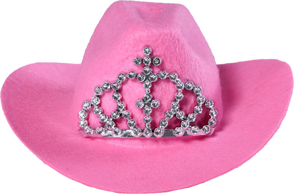Pets Pink Cowboy Hat With Tiara featuring  a bright bubblegum‑pink cowboy hat constructed from soft felt‑style material with a structured crown and gently curved brim; the front of the hat is decorated with a sparkling silver tiara embellishment made from rhinestone‑style gems arranged in a classic crown pattern, creating a bold combination of Western flair and royal sparkle