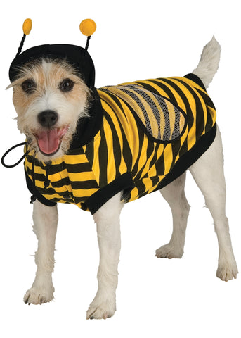 Jack Russell Terrier wearing the Pets Buzzing Bumble Bee Costume featuring a striped, yellow‑and‑black one‑piece, hooded tunic styled to resemble a classic cartoon bumblebee, with bold horizontal stripes across the body with an attached black hood fitted with soft antennae tipped in yellow, plus a pair of translucent mesh bee wings secured on the back that add dimension and complete the buzzing look