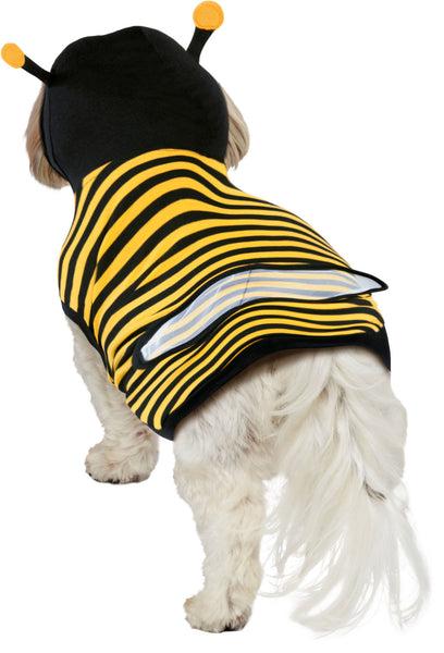 Maltese back view wearing the Pets Buzzing Bumble Bee Costume featuring a striped, yellow‑and‑black one‑piece, hooded tunic styled to resemble a classic cartoon bumblebee, with bold horizontal stripes across the body with an attached black hood fitted with soft antennae tipped in yellow, plus a pair of translucent mesh bee wings secured on the back that add dimension and complete the buzzing look