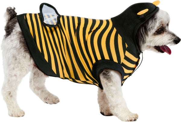 Miniature Poodle mix side view wearing the Pets Buzzing Bumble Bee Costume featuring a striped, yellow‑and‑black one‑piece, hooded tunic styled to resemble a classic cartoon bumblebee, with bold horizontal stripes across the body with an attached black hood fitted with soft antennae tipped in yellow, plus a pair of translucent mesh bee wings secured on the back that add dimension and complete the buzzing look