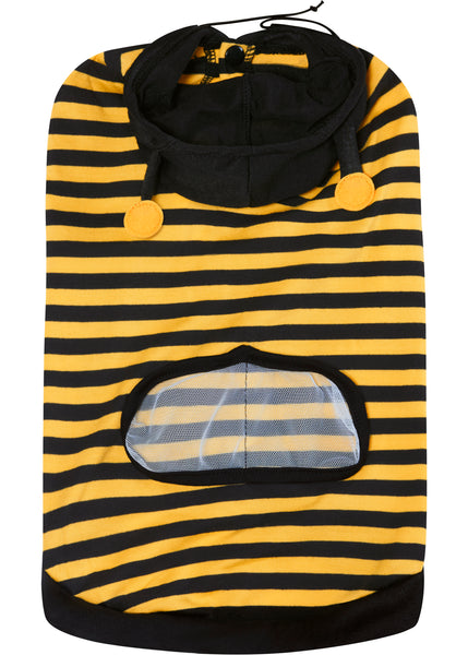 Top view of the Pets Buzzing Bumble Bee Costume featuring a striped, yellow‑and‑black one‑piece, hooded tunic styled to resemble a classic cartoon bumblebee, with bold horizontal stripes across the body with an attached black hood fitted with soft antennae tipped in yellow, plus a pair of translucent mesh bee wings secured on the back that add dimension and complete the buzzing look