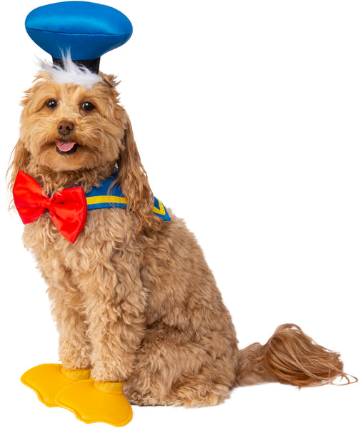 Cockapoo dog modeling Pets Disney Donald Duck Costume Accessory Kit
Features Donald's signature bright blue sailor hat with attached to fluffy white hair/fur that flares out, paired with a blue and yellow scarf accented by a centered red bow, completed with oversized yellow duck feet