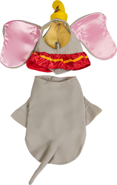 Pets Disney Dumbo costume featuring a soft gray full‑body outfit designed to resemble Dumbo, with a smooth elephant‑inspired silhouette and fitted leg openings for a clean, cozy look; includes a large attached headpiece with oversized satin‑finish ears lined in light pink, creating the character’s signature wide‑ear profile and attached with a bright red ruffled collar trimmed in yellow around the neckline and topped with a yellow circus hat featuring a small Dumbo graphic, while a gray padded tail