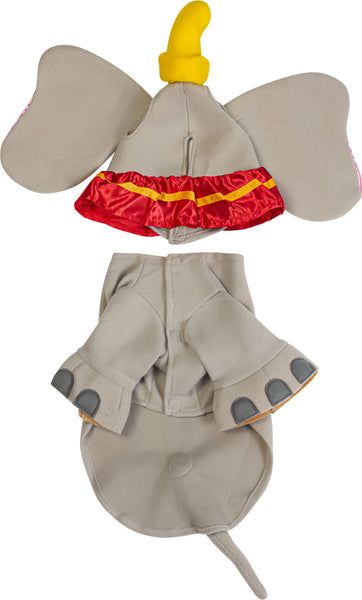 Pets Disney Dumbo costume featuring a soft gray full‑body outfit designed to resemble Dumbo, with a smooth elephant‑inspired silhouette and fitted leg openings for a clean, cozy look; includes a large attached headpiece with oversized satin‑finish ears lined in light pink, creating the character’s signature wide‑ear profile and attached with a bright red ruffled collar trimmed in yellow around the neckline and topped with a yellow circus hat featuring a small Dumbo graphic, while a gray padded tail