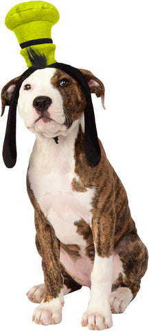 American Staffordshire Terrier or Pitt Bull dog modeling Pets Disney Goofy Hat and Ears Headband Costume Accessory featuring a headband styled with Goofy’s iconic, bright green, tall hat and floppy black ears