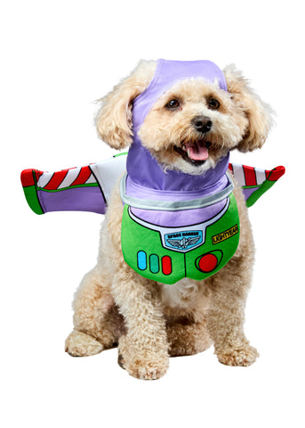 Small dog wearing Disney Pixar Toy Story Buzz Lightyear Costume Accessory Kit featuring Buzz Lightyear’s signature purple hood, paired with lightweight wing attachments designed to sit comfortably along a pet’s back and coordinating bib, both finished in bright white, green, and purple tones that capture Buzz’s iconic space‑ranger look, front view