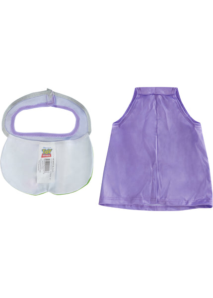 Back view of Disney Pixar Toy Story Buzz Lightyear Costume Accessory Kit featuring Buzz Lightyear’s signature purple hood, and coordinating bib, both finished in bright white, green, and purple tones that capture Buzz’s iconic space‑ranger look