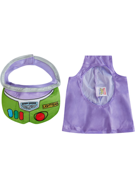 Front view of Disney Pixar Toy Story Buzz Lightyear Costume Accessory Kit featuring Buzz Lightyear’s signature purple hood, and coordinating bib, both finished in bright white, green, and purple tones that capture Buzz’s iconic space‑ranger look