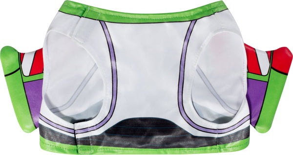 Back of Pets Disney Pixar Toy Story Buzz Lightyear Costume and Toy Kit featuring  Buzz Lightyear’s iconic space ranger suit, styled with bold panels of white, green, purple, and red printed armor detailing across a wing‑shaped structure that sits neatly along the pet’s back; includes a coordinating plush green alien toy with three eyes, pointed ears, and a blue outfit printed with the Pizza Planet logo, completing the playful Toy Story pairing