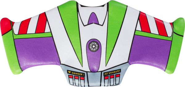Front of Pets Disney Pixar Toy Story Buzz Lightyear Costume and Toy Kit  featuring Buzz Lightyear’s iconic space ranger suit, styled with bold panels of white, green, purple, and red printed armor detailing across a wing‑shaped structure that sits neatly along the pet’s back; includes a coordinating plush green alien toy with three eyes, pointed ears, and a blue outfit printed with the Pizza Planet logo, completing the playful Toy Story pairing
