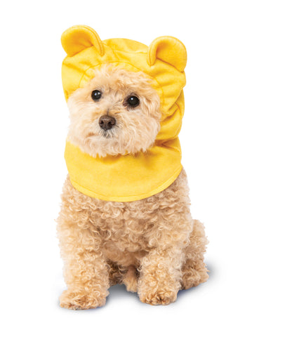 Mini Poodle wearing Pets Disney Winnie the Pooh Headpiece Costume Accessory
featuring a soft yellow fabric hood complete with rounded bear ears, front view