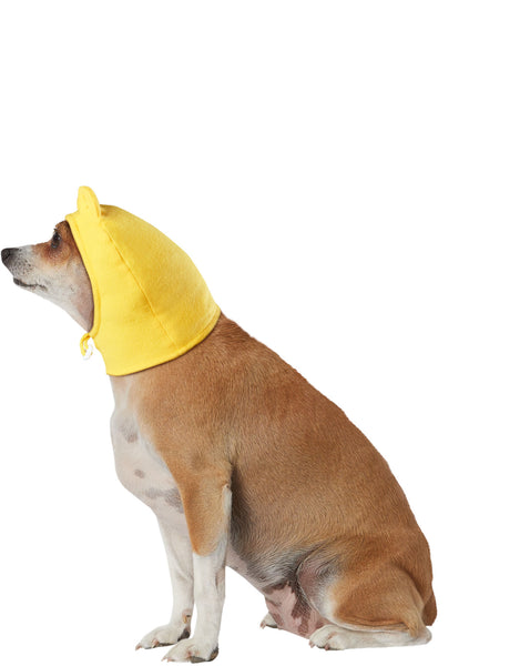 Chihuahua wearing Pets Disney Winnie the Pooh Headpiece Costume Accessory
featuring a soft yellow fabric hood complete with rounded bear ears, left profile view
