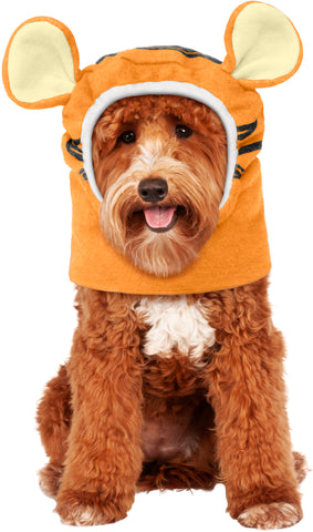 A Cavapoo dog modeling Pets Disney Winnie the Pooh Tigger Headpiece Costume Accessory
featuring a soft orange fabric hood designed to capture Tigger’s playful character look, complete with tall, rounded ears, front view