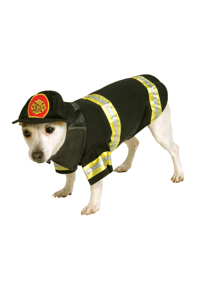 Chihuahua wearing Pets Fearless Fire Fighter Costume, featuring a classic black firefighter‑style jacket with short sleeves, detailed with bold yellow reflective stripes across the arms and body; includes a matching black firefighter hat accented with a red and yellow fire department emblem at the front