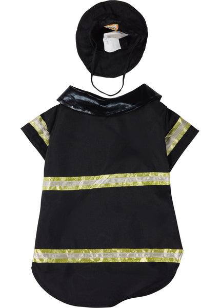 Pets Fearless Fire Fighter Costume with black jacket and hat featuring reflective yellow stripes, back view