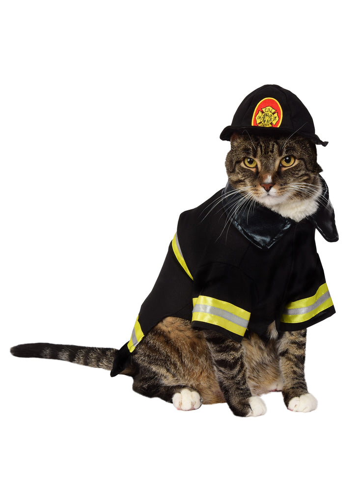 Grumpy cat wearing Pets Fearless Fire Fighter Costume, featuring a classic black firefighter‑style jacket with short sleeves, detailed with bold yellow reflective stripes across the arms and body; includes a matching black firefighter hat accented with a red and yellow fire department emblem at the front