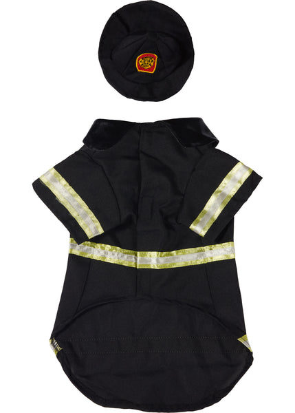 Pets Fearless Fire Fighter Costume with black jacket and hat featuring reflective yellow stripes, front view