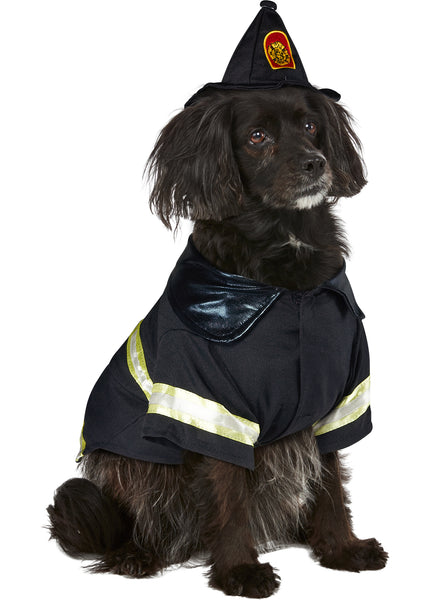 Black Cocker Spaniel mix dog wearing a classic black firefighter‑style jacket with short sleeves, detailed with bold yellow reflective stripes across the arms and body; includes a matching black firefighter hat accented with a red and yellow fire department emblem at the front, completing the unmistakable rescue‑ready look