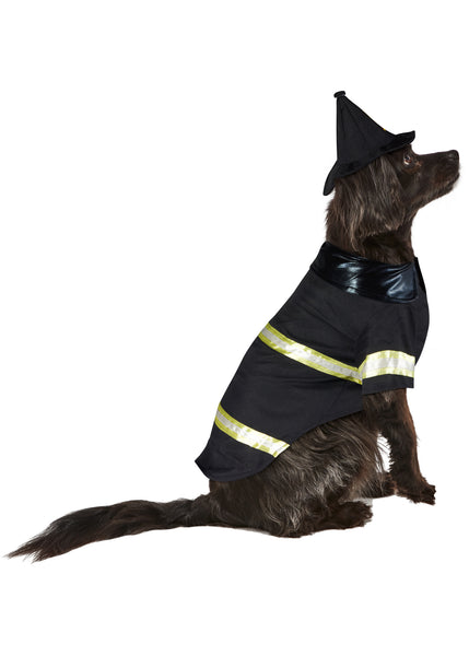 Side view of the black cocker spaniel mixed dog wearing Pets Fearless Fire Fighter Costume, featuring a classic black firefighter‑style jacket with short sleeves, detailed with bold yellow reflective stripes across the arms and body; includes a matching black firefighter hat accented with a red and yellow fire department emblem at the front