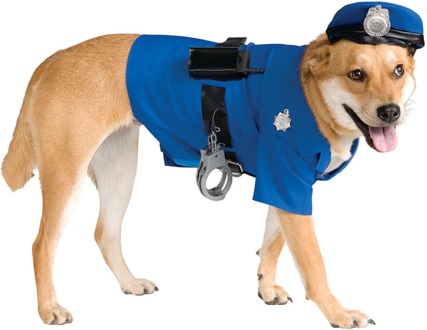 Shiba Inu dog wearing Pets Police Dog Costume, featuring a bright blue police‑style jacket with short sleeves and a structured fit, detailed with a silver police badge emblem, a matching blue police cap topped with a molded silver badge, and accessories consisting of a black utility belt, handheld radio, dangling gray handcuffs, and a coordinating badge detail that completes the official K‑9 officer look