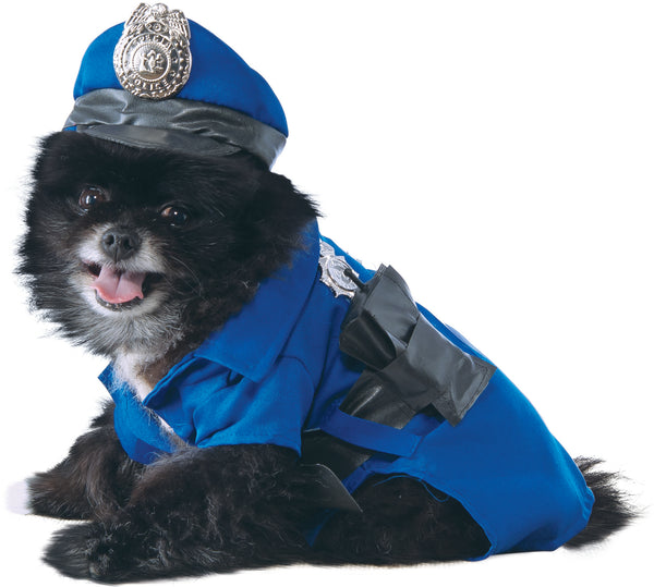 Pomeranian dog wearing Pets Police Dog Costume, featuring a bright blue police‑style jacket with short sleeves and a structured fit, detailed with a silver police badge emblem, a matching blue police cap topped with a molded silver badge, and accessories consisting of a black utility belt, handheld radio, dangling gray handcuffs, and a coordinating badge detail that completes the official K‑9 officer look