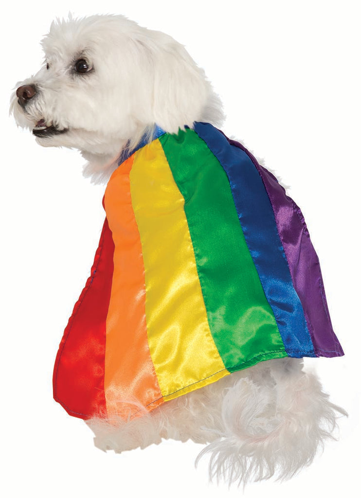 Maltese dog modeling the Pets Rainbow Cape Costume Accessory featuring a flowing satin‑style cape displaying wide vertical color panels in bright red, orange, yellow, green, blue, and purple, front view