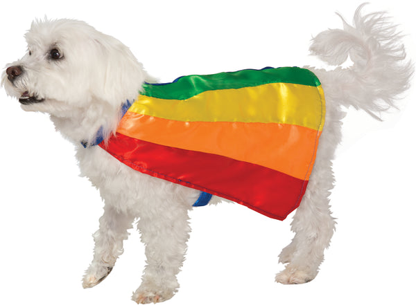 Side view of a Maltese dog modeling the Pets Rainbow Cape Costume Accessory featuring a short, flowing satin‑style cape displaying wide vertical color panels in bright red, orange, yellow, green, blue, and purple
