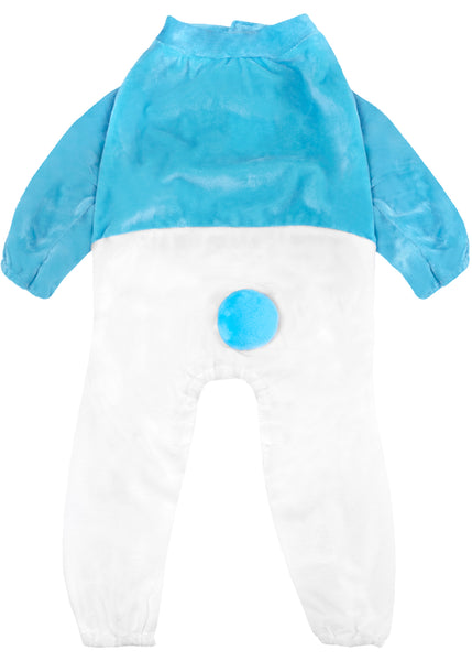 Pets The Smurfs Smurf Costume featuring a soft two‑tone plush jumpsuit styled in classic Smurf colors, with a light blue upper section and white lower half designed to resemble the character’s outfit; includes a smooth, rounded fit through the body and legs for a clean, cartoon‑inspired silhouette. 