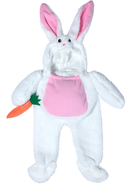 Pets Walking Bunny Rabbit Costume featuring  a plush, full‑body white bunny outfit designed with a clever “walking” illusion that makes it appear as though the rabbit itself is standing upright; styled with soft white faux‑fur fabric, long floppy ears lined in light pink, and an attached bunny headpiece with embroidered facial details. The costume includes stuffed faux arms that extend outward holding a bright orange carrot prop, along with a rounded pink belly