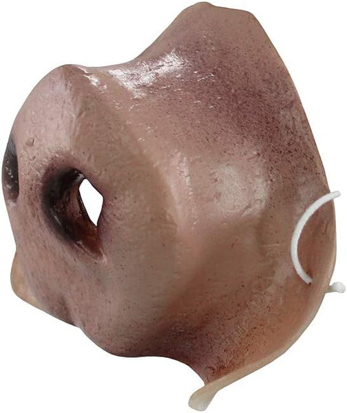 Side view of Pig Nose Costume Accessory Featuring a molded pig nose accessory in a fleshy pink tone with darker shading around the nostrils, designed with two open breathing holes, a slightly textured surface for a realistic snout appearance, and small side holes fitted with a thin white elastic band for a secure and comfortable fit.