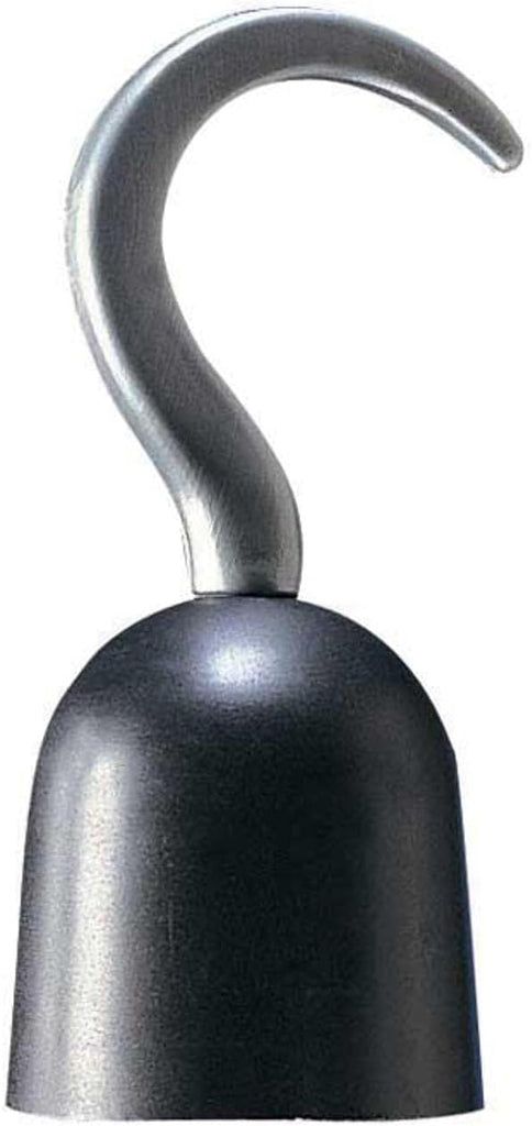 Pirate Hand Hook Costume Prop Accessory features  a classic curved hook design molded from lightweight plastic, finished in a dull silver‑gray metallic tone to resemble aged iron; attached to a rounded black cuff base that sits over the hand, creating the unmistakable silhouette of a seasoned pirate prosthetic straight out of high‑seas folklore