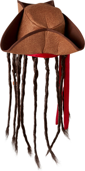 Back view of the  Pirate Hat with Dreads Costume Hat featuring a weathered brown tricorn‑style pirate hat with a textured, leather‑look finish and stitched edging along the brim; accented with a wrapped red fabric band tied around the hat, from which long dark brown faux dreadlocks hang down on both sides; several of the dreadlocks are decorated with small bead details in metallic silver and amber tones