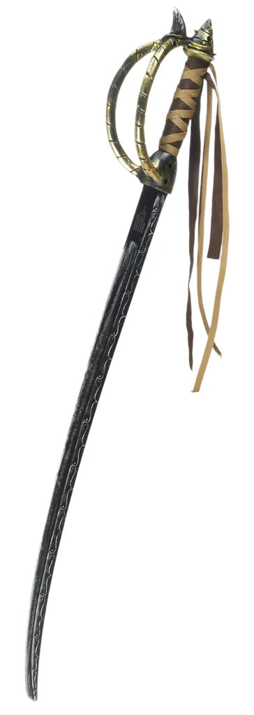 Pirate Sword Costume Prop Weapon featuring a classic curved cutlass‑style blade in a dark metallic finish, designed with etched detailing that runs along the length of the blade; includes an ornate hand guard in an antique gold tone with a rounded, protective loop shape, paired with a textured handle wrapped in brown faux‑leather strips; finished with long trailing fabric tassels attached at the pommel, adding movement and unmistakable pirate flair
