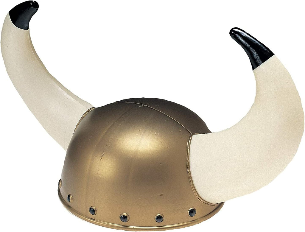 Plastic Viking Helmet Costume Hat features a lightweight molded plastic helmet in a metallic finish; designed with a rounded skull cap and reinforced band detailing across the front. The helmet is fitted with two large curved horns extending outward and upward from either side in a faux bone color, attached with decorative circular rivet details at the base, completing the unmistakable Viking silhouette