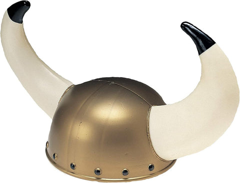 Plastic Viking Helmet Costume Hat features a lightweight molded plastic helmet in a metallic finish; designed with a rounded skull cap and reinforced band detailing across the front. The helmet is fitted with two large curved horns extending outward and upward from either side in a faux bone color, attached with decorative circular rivet details at the base, completing the unmistakable Viking silhouette