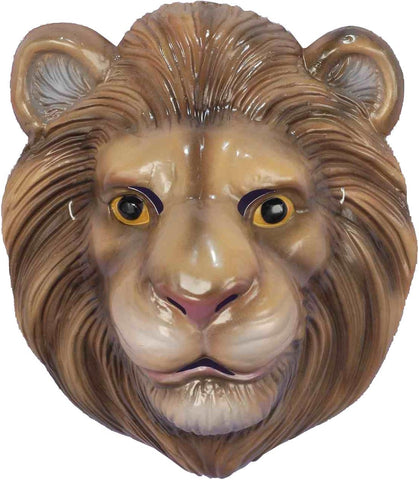 Plastic Lion Vacuform Costume Mask features a lightweight vacuform plastic design molded into a full lion face, finished in warm tan and golden‑brown tones with darker shading to define the mane; detailed with rounded upright ears, a sculpted muzzle with a soft pink nose, painted whisker lines, and wide yellow‑rimmed eyes with black pupils, creating a friendly yet unmistakable lion expression