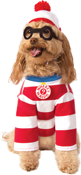 Poodle wearing the Pets Where's Waldo costume featuring a classic red‑and‑white striped long‑sleeve jumpsuit styled to mimic Waldo’s iconic outfit, finished with a bright white collar and a circular chest badge printed with “Where’s Waldo?” in bold lettering; includes a coordinating red‑and‑white striped knit hat with a fluffy red pom‑pom on top and a pair of oversized black round glasses, completing the instantly recognizable look from head to toe