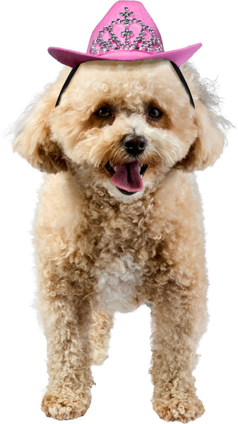 Poodle wearing a Pets Pink Cowboy Hat With Tiara a bright bubblegum‑pink cowboy hat constructed from soft felt‑style material with a structured crown and gently curved brim; the front of the hat is decorated with a sparkling silver tiara embellishment made from rhinestone‑style gems arranged in a classic crown pattern, creating a bold combination of Western flair and royal sparkle