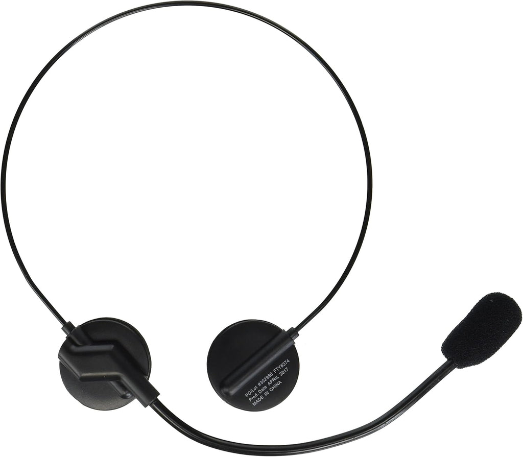 Pop Rock Star Headband Microphone featuring a flexible black headband design constructed with a thin, curved plastic band that wraps comfortably around the back of the head; attached to the band is an extended boom arm that curves toward the mouth, ending in a small foam‑covered microphone tip. The headband includes two circular ear‑pad style side pieces that help anchor the accessory in place, creating a classic hands‑free performance silhouette