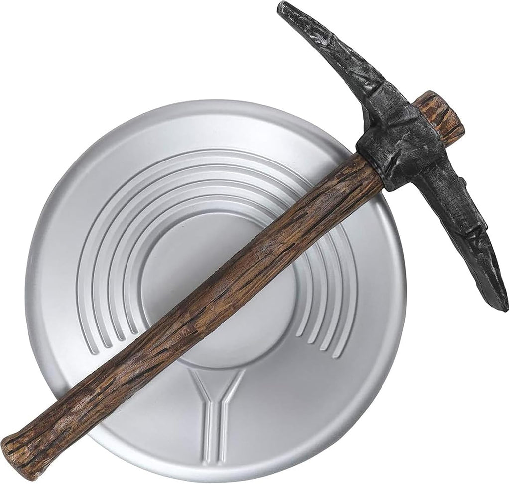 Prospector Pick Axe and Pan Costume Prop Accessory Set Featuring a two-piece prop set including a lightweight foam pickaxe designed with a textured brown handle and molded gray head with dual pointed ends, paired with a round plastic gold panning tray in a metallic silver finish with raised ridges along the interior for added detail.