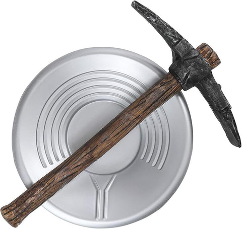 Prospector Pick Axe and Pan Costume Prop Accessory Set Featuring a two-piece prop set including a lightweight foam pickaxe designed with a textured brown handle and molded gray head with dual pointed ends, paired with a round plastic gold panning tray in a metallic silver finish with raised ridges along the interior for added detail.