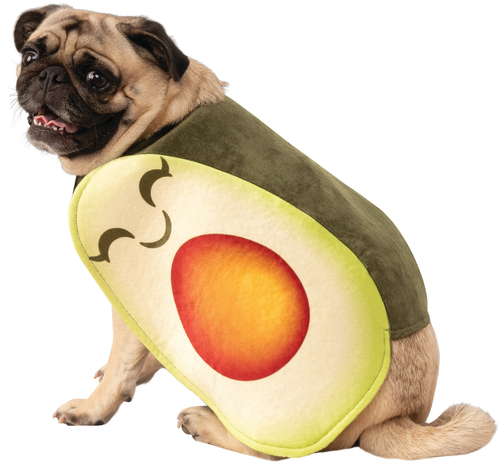 Pug wearing the Pets Appetizing Avocado Costume featuring a soft, slip‑on style body piece designed to resemble a halved avocado, with a deep green outer “skin” section and a bright light‑green interior panel that frames a large printed avocado pit graphic at the center. The front panel includes a playful smiling face detail above the pit, while the back is styled in solid green velour‑like fabric. The costume is finished with a fun red patch on the side printed with “I want to Avo‑cuddle! #221”