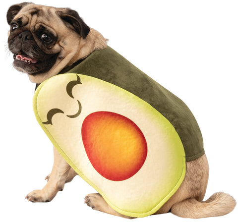 Pug wearing the Pets Appetizing Avocado Costume featuring a soft, slip‑on style body piece designed to resemble a halved avocado, with a deep green outer “skin” section and a bright light‑green interior panel that frames a large printed avocado pit graphic at the center. The front panel includes a playful smiling face detail above the pit, while the back is styled in solid green velour‑like fabric. The costume is finished with a fun red patch on the side printed with “I want to Avo‑cuddle! #221”