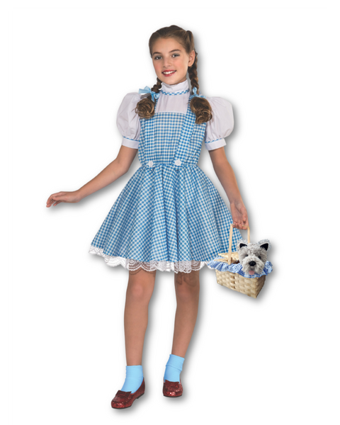 A young girl modeling a Dorothy costume, featuring the Boots and Brothers Puppy in a Basket