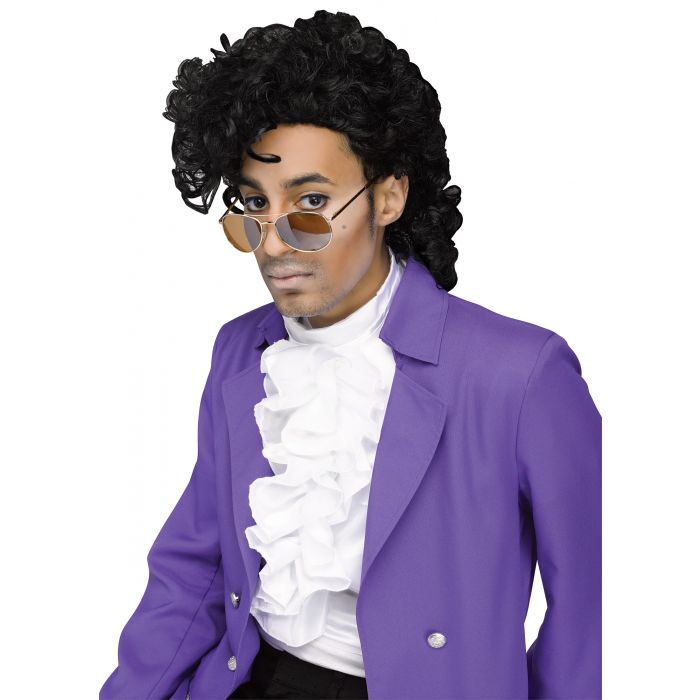 Man wearing the Purple Pain Pop Star Costume Wig featuring a medium‑length black synthetic wig styled with tight, voluminous curls and a layered shape that builds height at the crown while tapering into longer, cascading curls at the back; designed with defined ringlets throughout and a slightly tousled finish, creating a full silhouette strongly inspired by iconic 1980s stage‑performance hairstyles like Prince