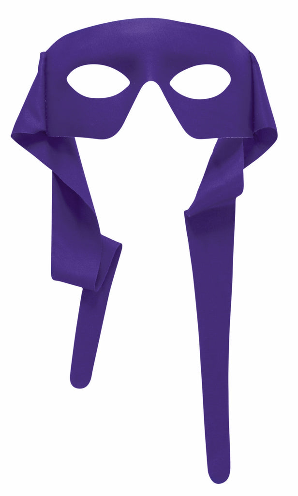 Purple Masked Man Ninja Costume Mask with Ties featuring  a purple half mask that covers the upper face, designed with clean oval eye openings and extended fabric sides; finished with two long matching purple tie straps that hang down on either side, allowing the mask to be wrapped and secured behind the head for a classic stealth‑hero silhouette