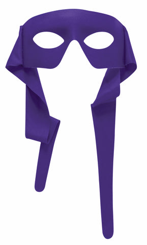 Purple Masked Man Ninja Costume Mask with Ties featuring  a purple half mask that covers the upper face, designed with clean oval eye openings and extended fabric sides; finished with two long matching purple tie straps that hang down on either side, allowing the mask to be wrapped and secured behind the head for a classic stealth‑hero silhouette